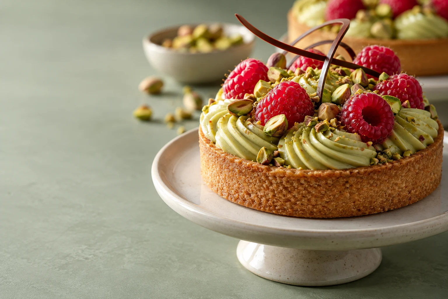 Fıstık kremalı ve frambuazlı tart, temsili sunum